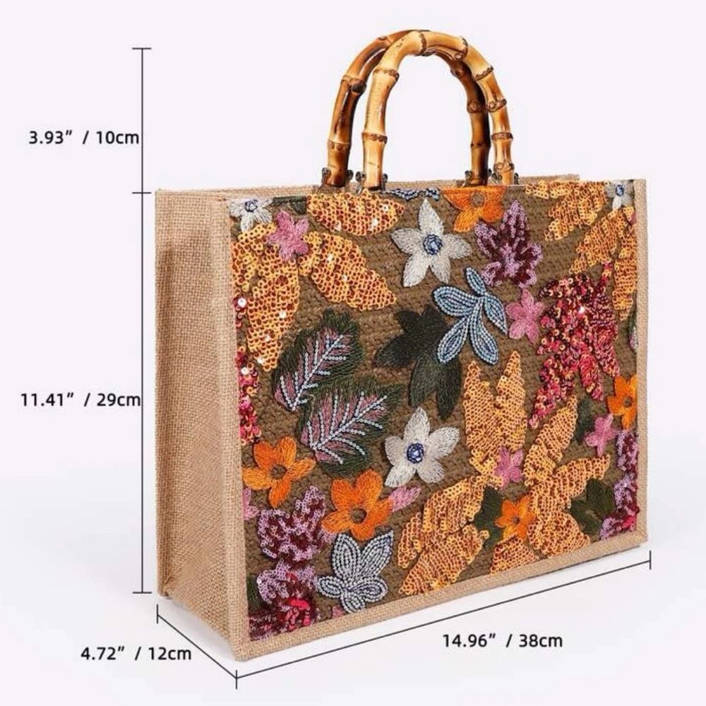 Floral embroidered sequin bag with faux bamboo handles NWT
